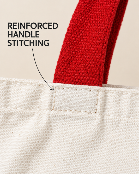 Close-up of reinforced red handle stitching on the Margazhi tote bag