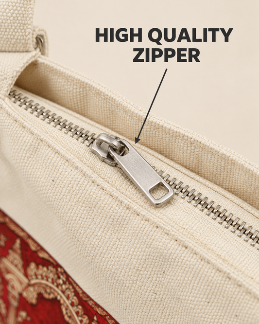 Close-up of the Kalamkari peacock sling bag zipper