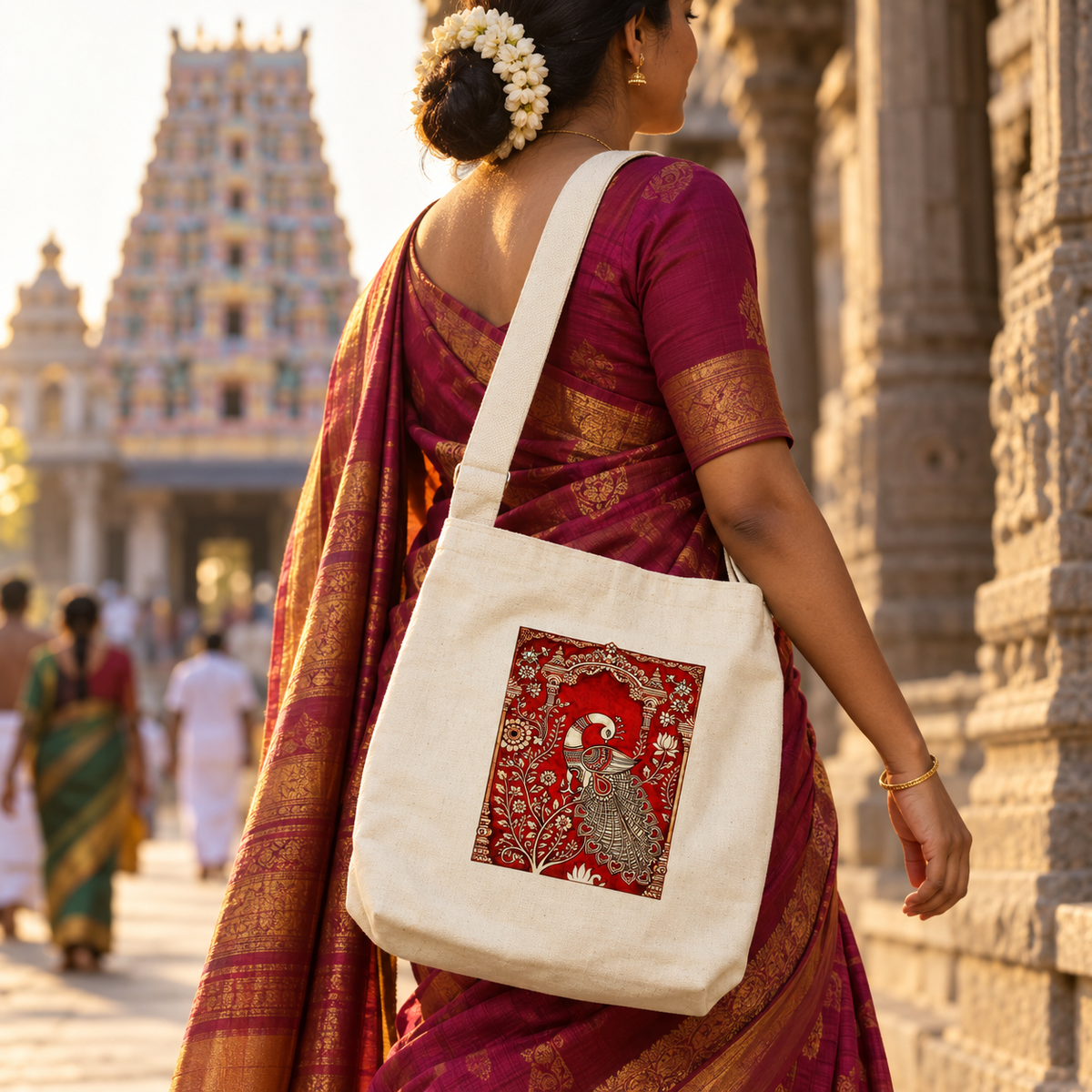 Woman wearing the Kalamkari peacock canvas sling bag at a temple