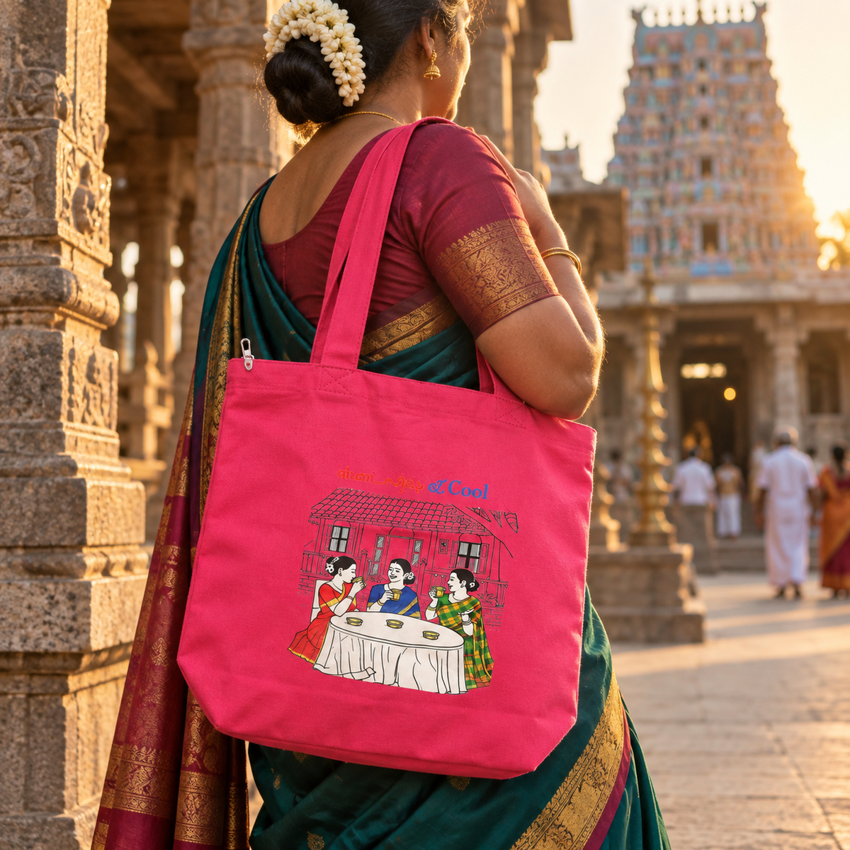 Woman carrying the pink Stylish and Cool tote bag at a Tamil temple