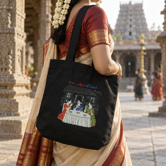 Woman carrying the black Stylish and Cool tote bag at a South Indian temple
