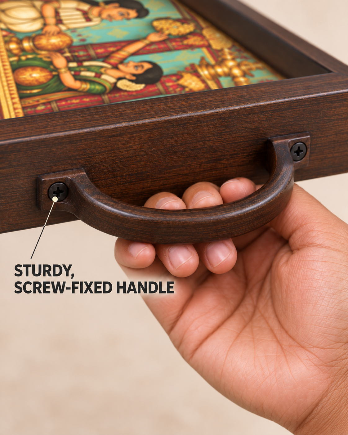 Close-up of screw-fixed handle on the wedding rituals tray