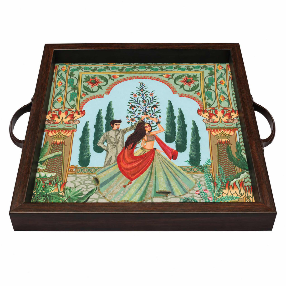 Heritage Dancing Couple serving tray, angled view showing frame and metal loop handles