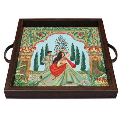Heritage Dancing Couple serving tray, angled view showing frame and metal loop handles