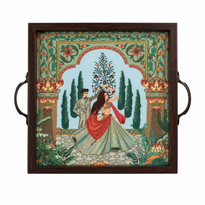 Heritage Dancing Couple serving tray, front view, Mughal-style illustration under glass
