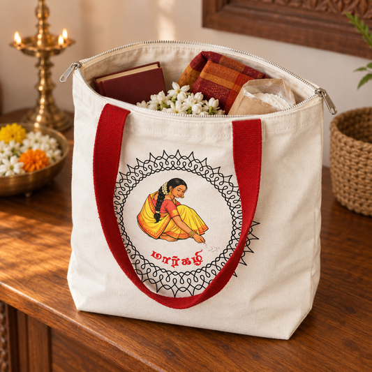 Ivory Margazhi kolam cotton tote bag with red handles, packed with pooja essentials