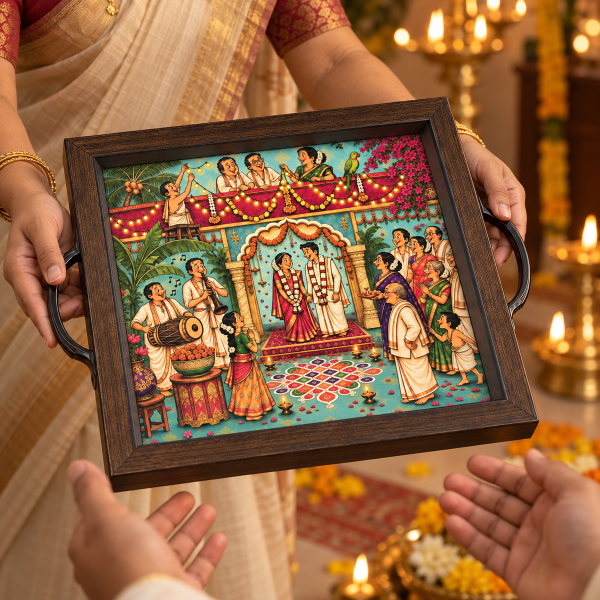 Tamil Wedding Mandapam tray styled with sweets for festive gifting