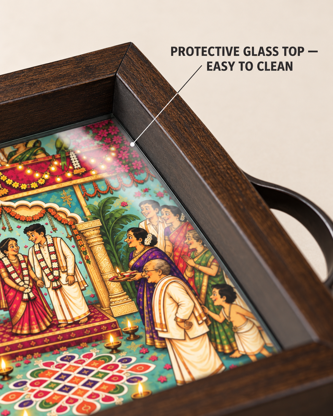 Close-up of recessed protective glass top on the mandapam tray