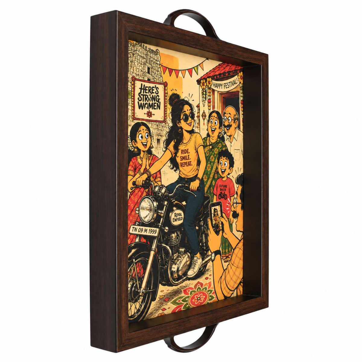 Strong Women Royal Enfield serving tray, angled view with handles