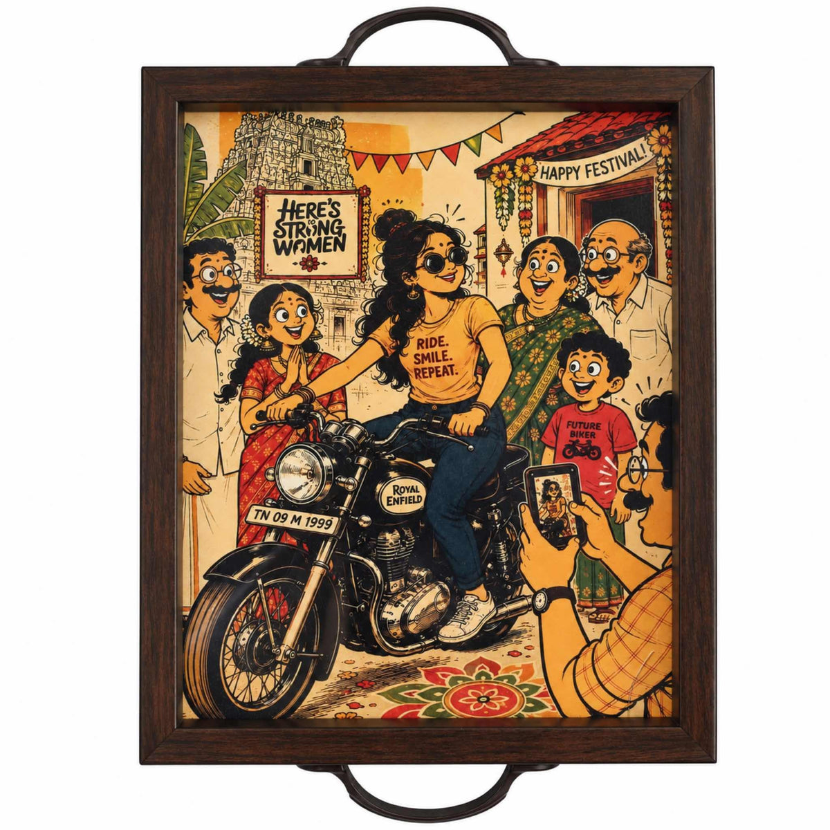 Strong Women Royal Enfield serving tray, front view, woman riding a motorcycle with family