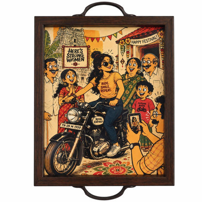 Strong Women Royal Enfield serving tray, front view, woman riding a motorcycle with family