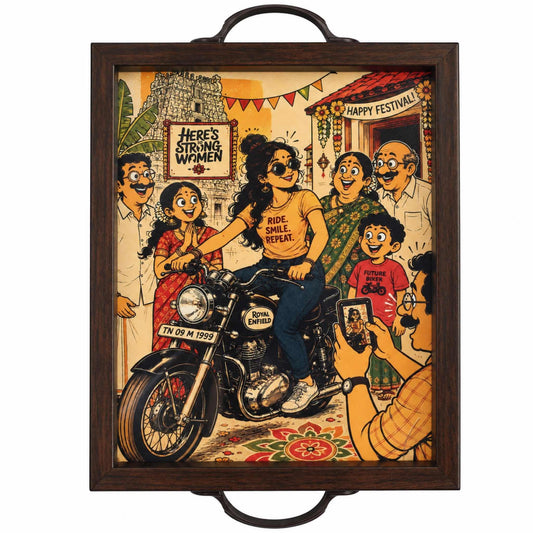Strong Women Royal Enfield serving tray, front view, woman riding a motorcycle with family