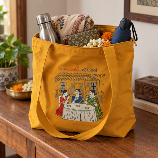Mustard yellow cotton tote bag with Stylish and Cool Tamil illustration, packed with essentials