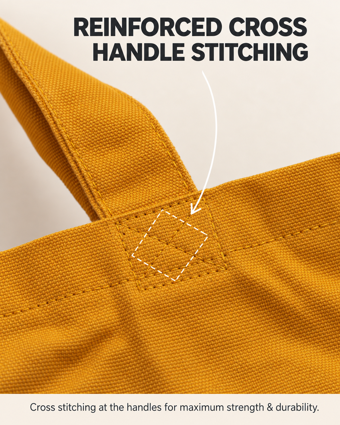 Close-up of reinforced handle stitching on the mustard tote bag