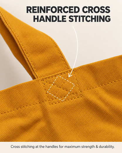 Close-up of reinforced handle stitching on the mustard tote bag