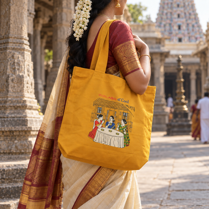 Woman carrying the mustard Stylish and Cool tote bag at a South Indian temple