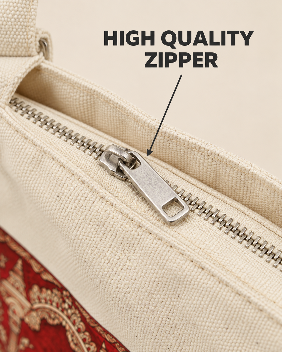 Close-up of the Kalamkari peacock sling bag zipper