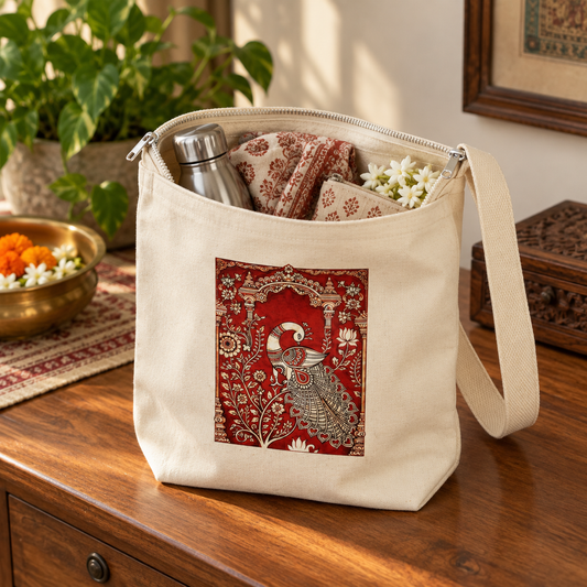 Ivory canvas sling bag with Kalamkari peacock Tanjore art panel, packed