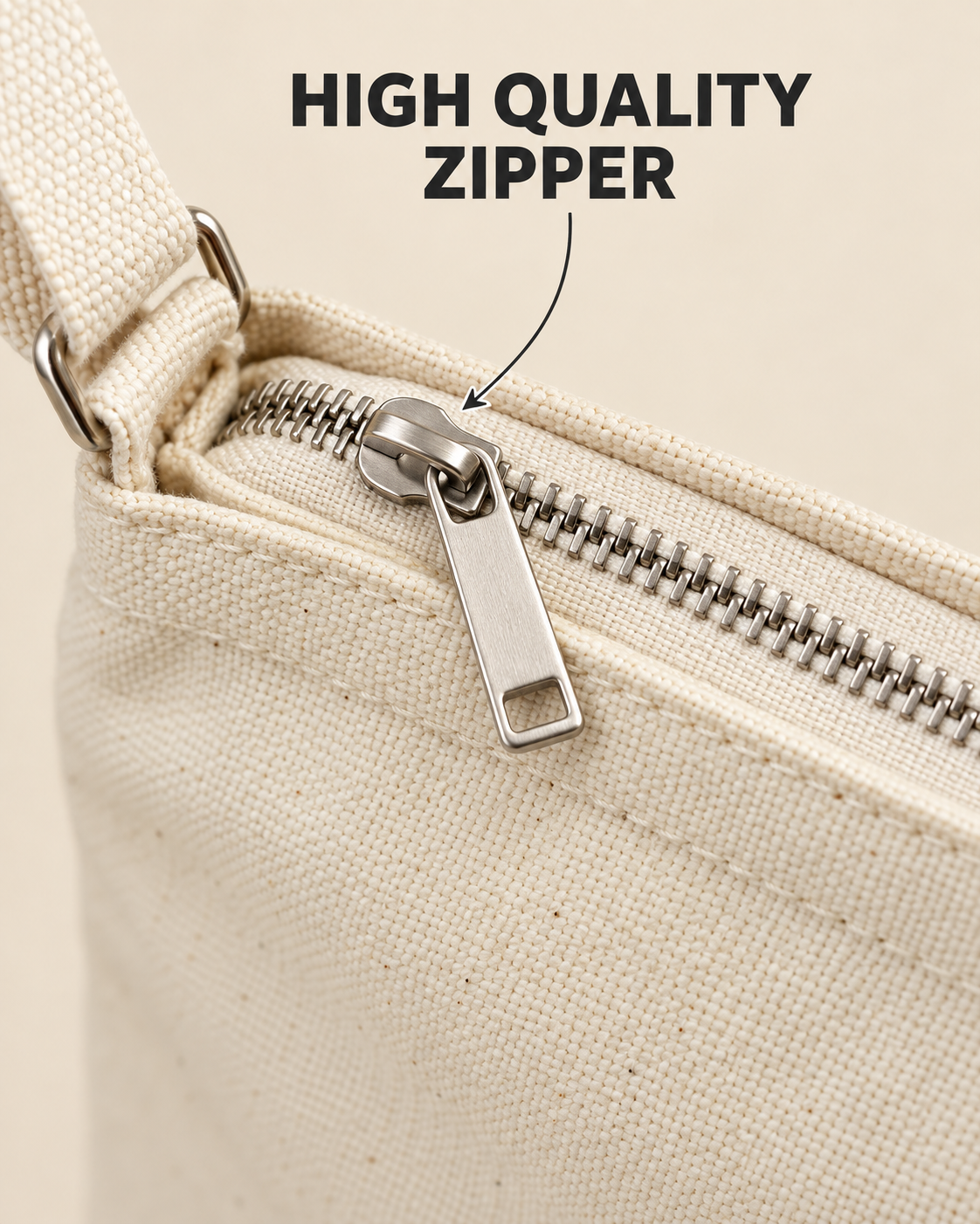Close-up of the canvas sling bag zipper