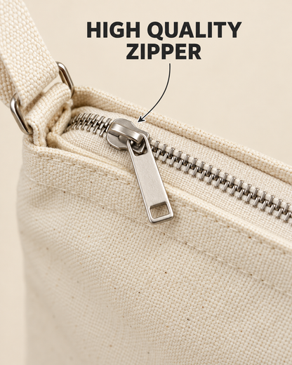 Close-up of the canvas sling bag zipper