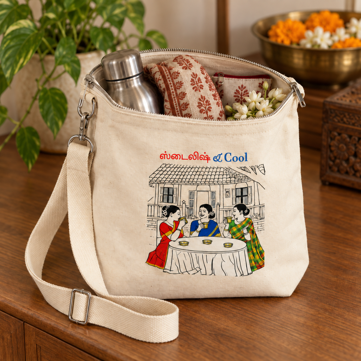 Ivory canvas sling bag with Stylish and Cool Tamil filter coffee illustration, packed