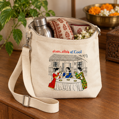 Ivory canvas sling bag with Stylish and Cool Tamil filter coffee illustration, packed