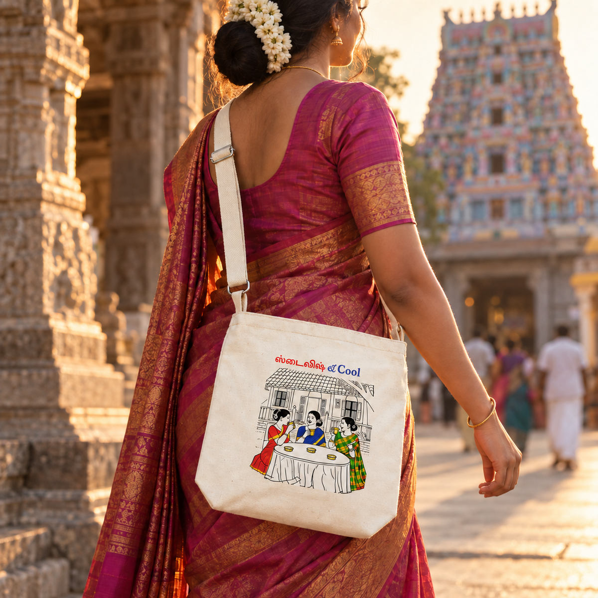 Woman wearing the Stylish and Cool canvas sling bag at a temple