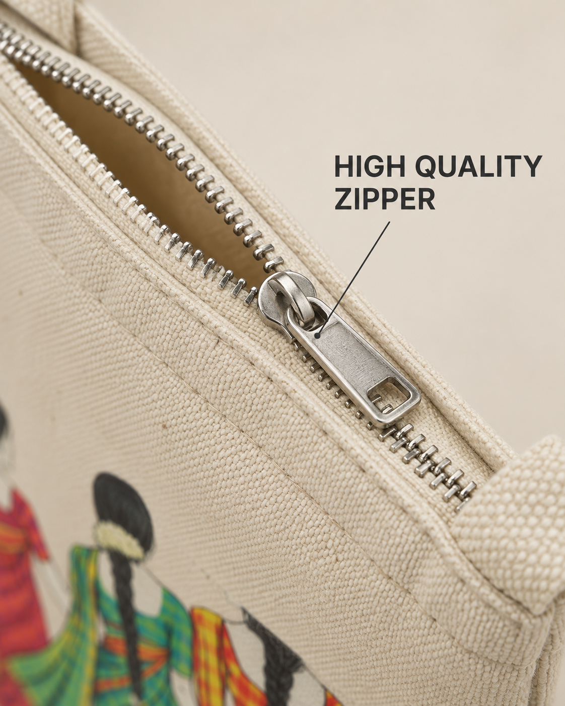 Close-up of the saree squad sling bag zipper