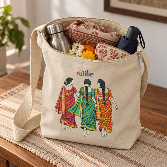 Ivory canvas sling bag with saree squad vibe illustration, packed