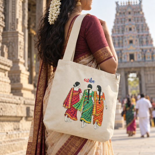 Woman wearing the saree squad canvas sling bag at a temple