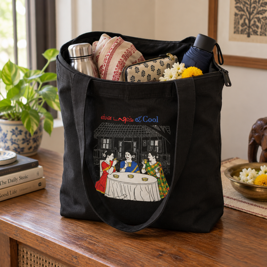 Black cotton tote bag with Stylish and Cool Tamil filter coffee illustration, packed with essentials