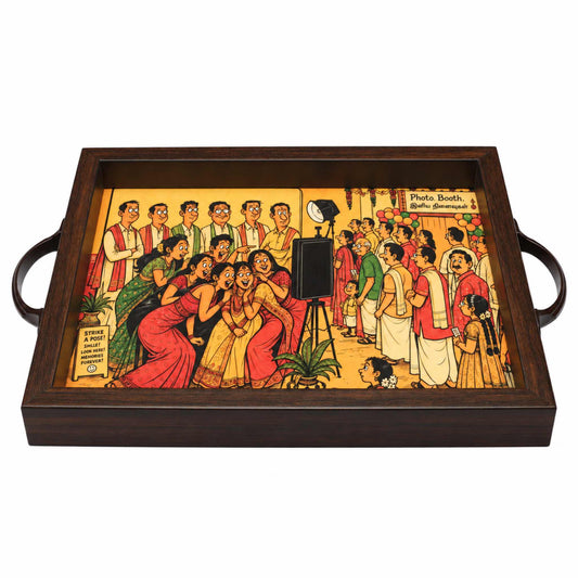 Vintage Photo Booth wedding serving tray, angled view, illustrated bridesmaids posing