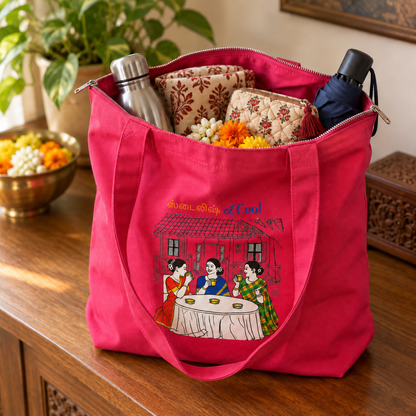 Rani pink cotton tote bag with Stylish and Cool Tamil illustration, packed with essentials