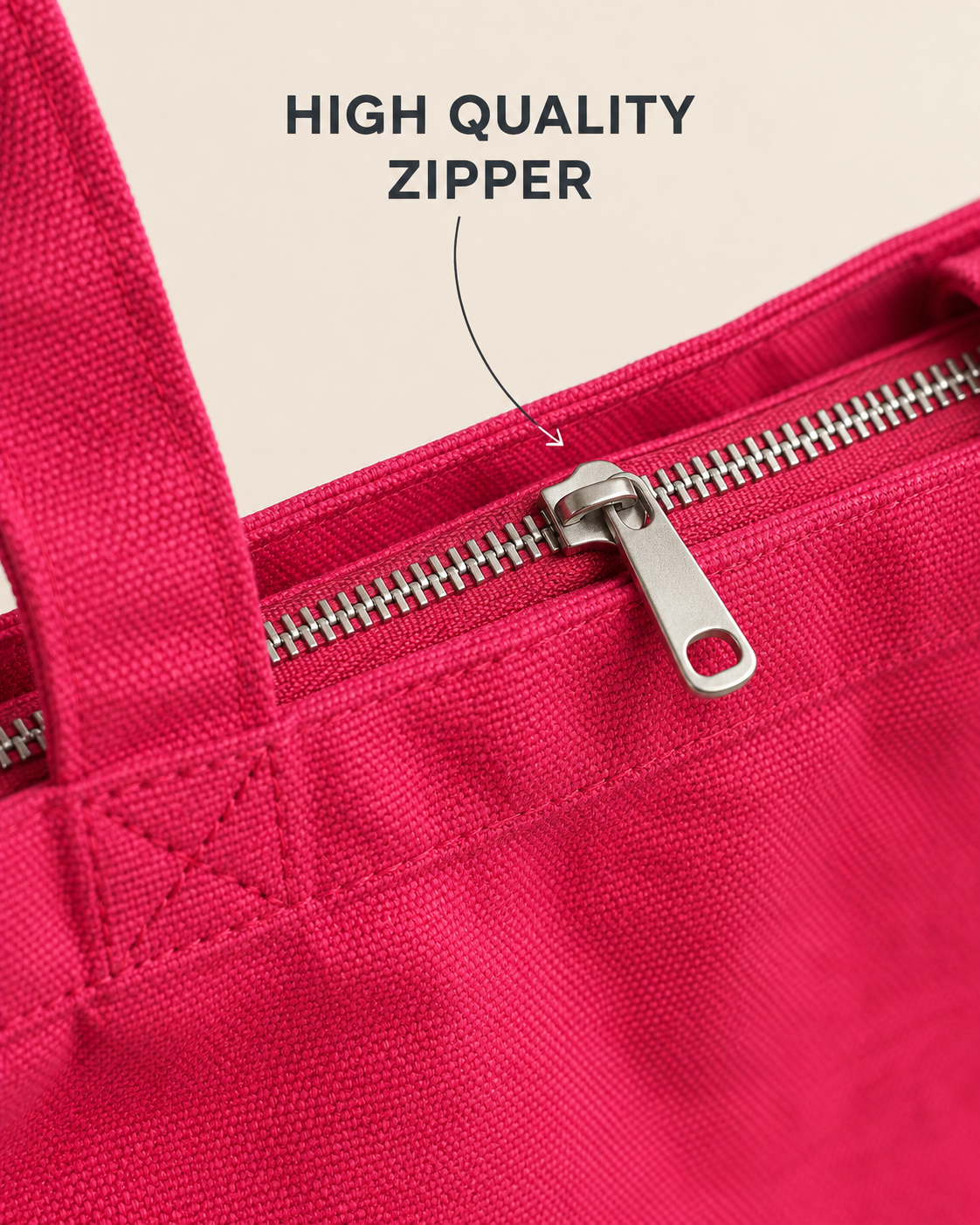 Close-up of the pink tote bag silver-tone zipper