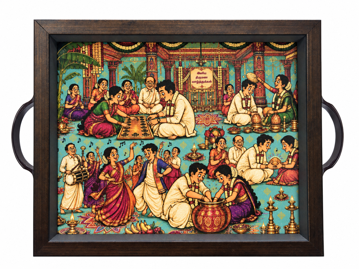 Tamil Wedding Rituals heritage serving tray, front view, Nalangu and nadaswaram illustration