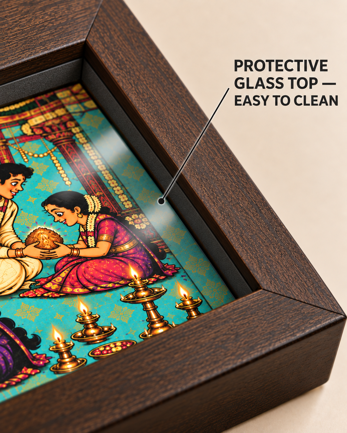 Close-up of recessed protective glass top on the wedding rituals tray