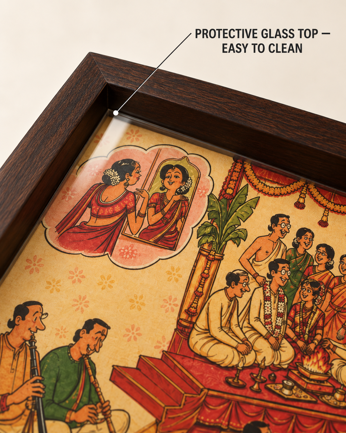 Close-up of protective glass top over the Tamil wedding illustration