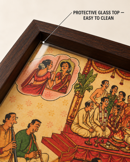 Close-up of protective glass top over the Tamil wedding illustration