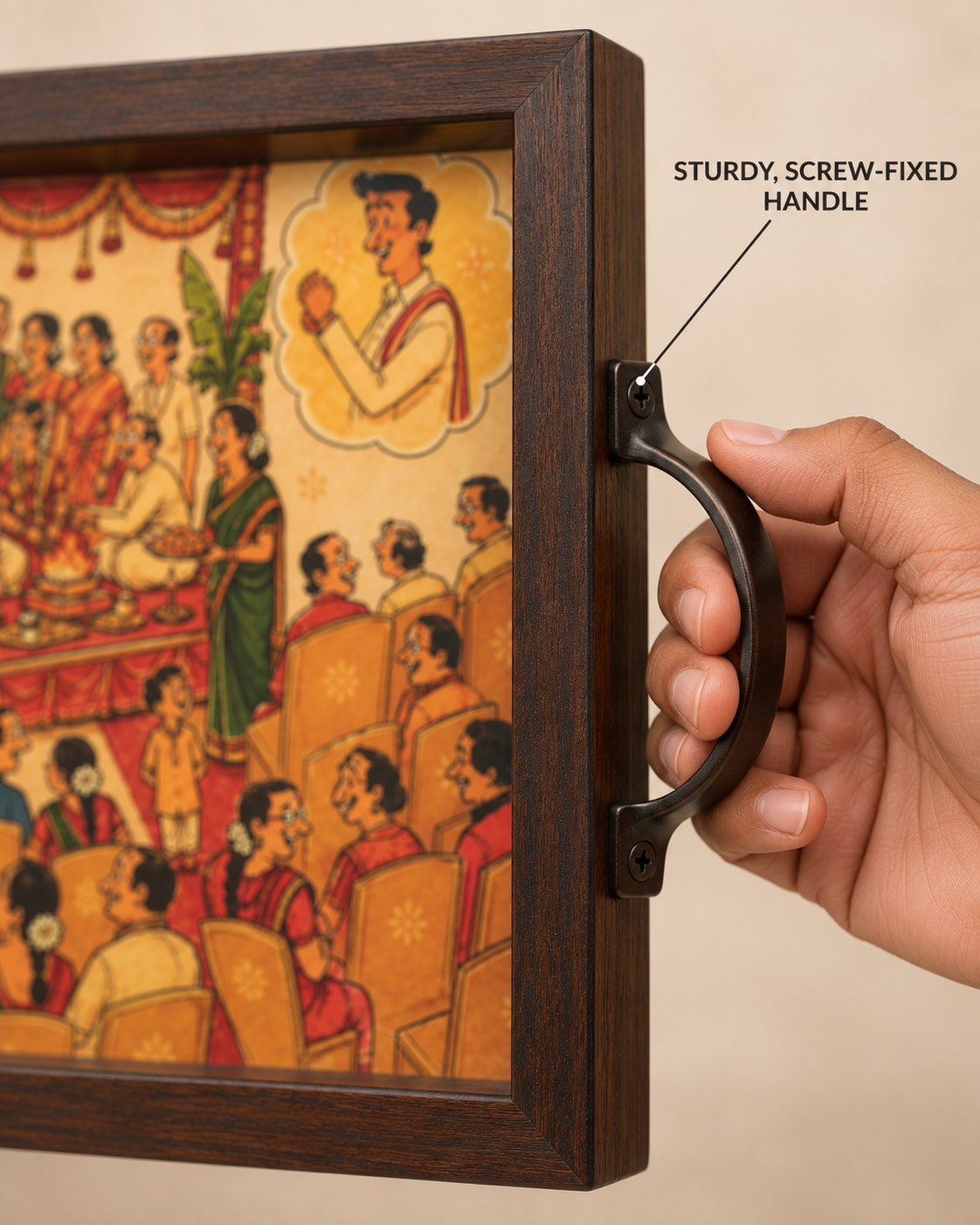 Close-up of sturdy screw-fixed handle on the wedding ceremony tray