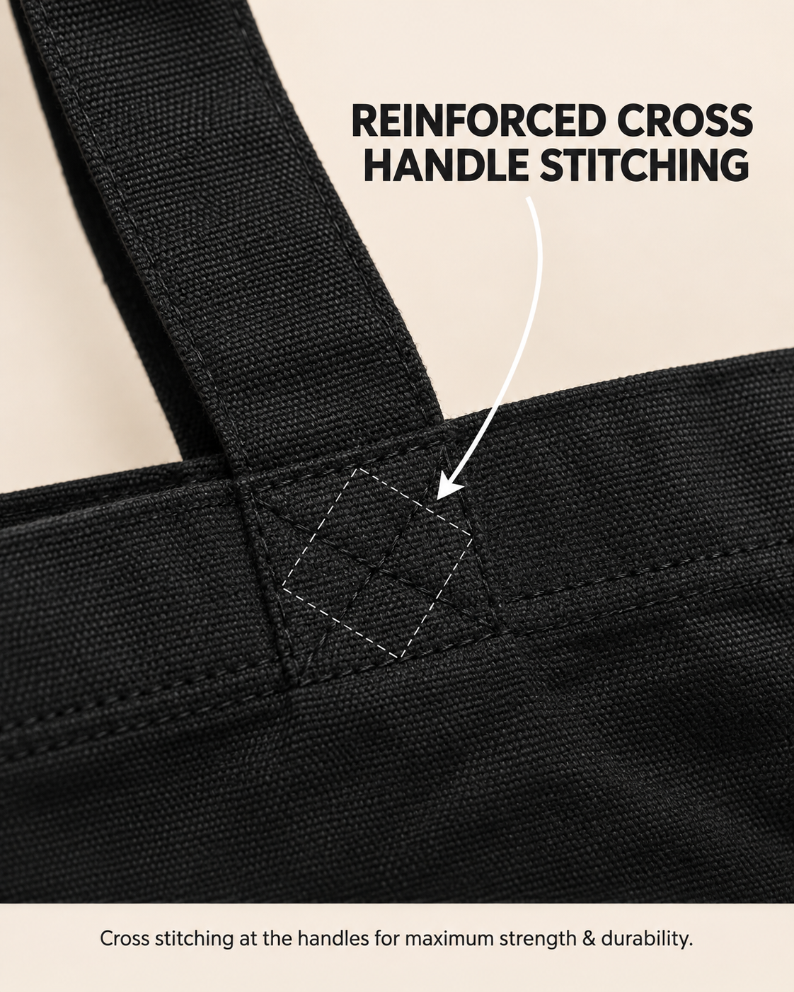 Close-up of reinforced cross-stitched handle on the black tote bag