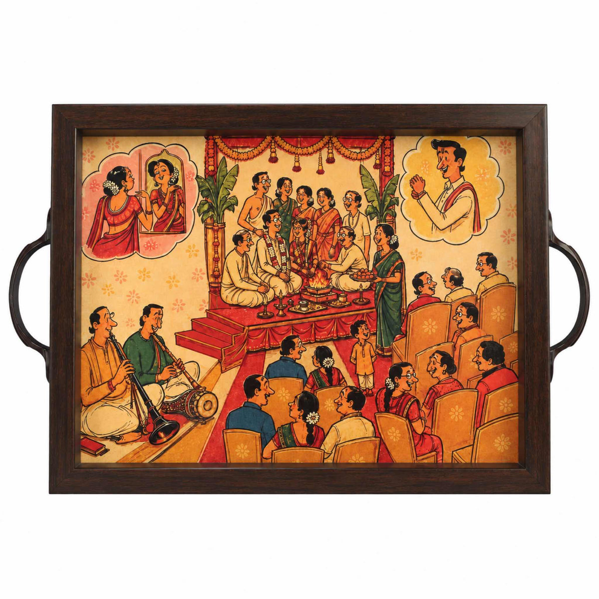 Tamil Wedding Ceremony serving tray, front view, illustrated mandapam and nadaswaram scene