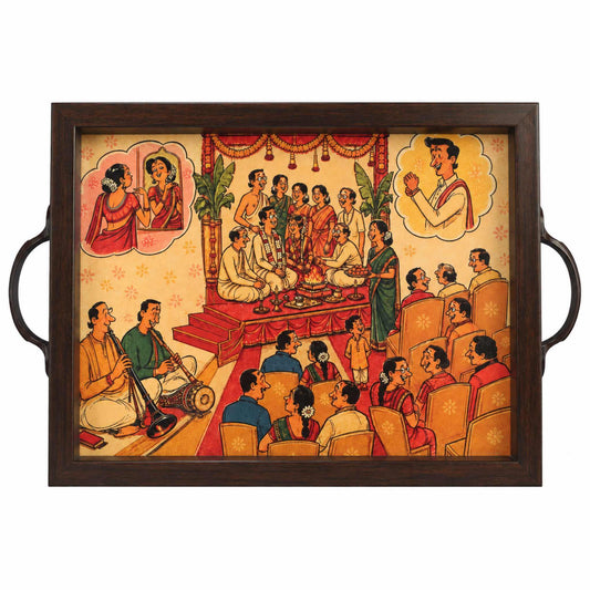Tamil Wedding Ceremony serving tray, front view, illustrated mandapam and nadaswaram scene