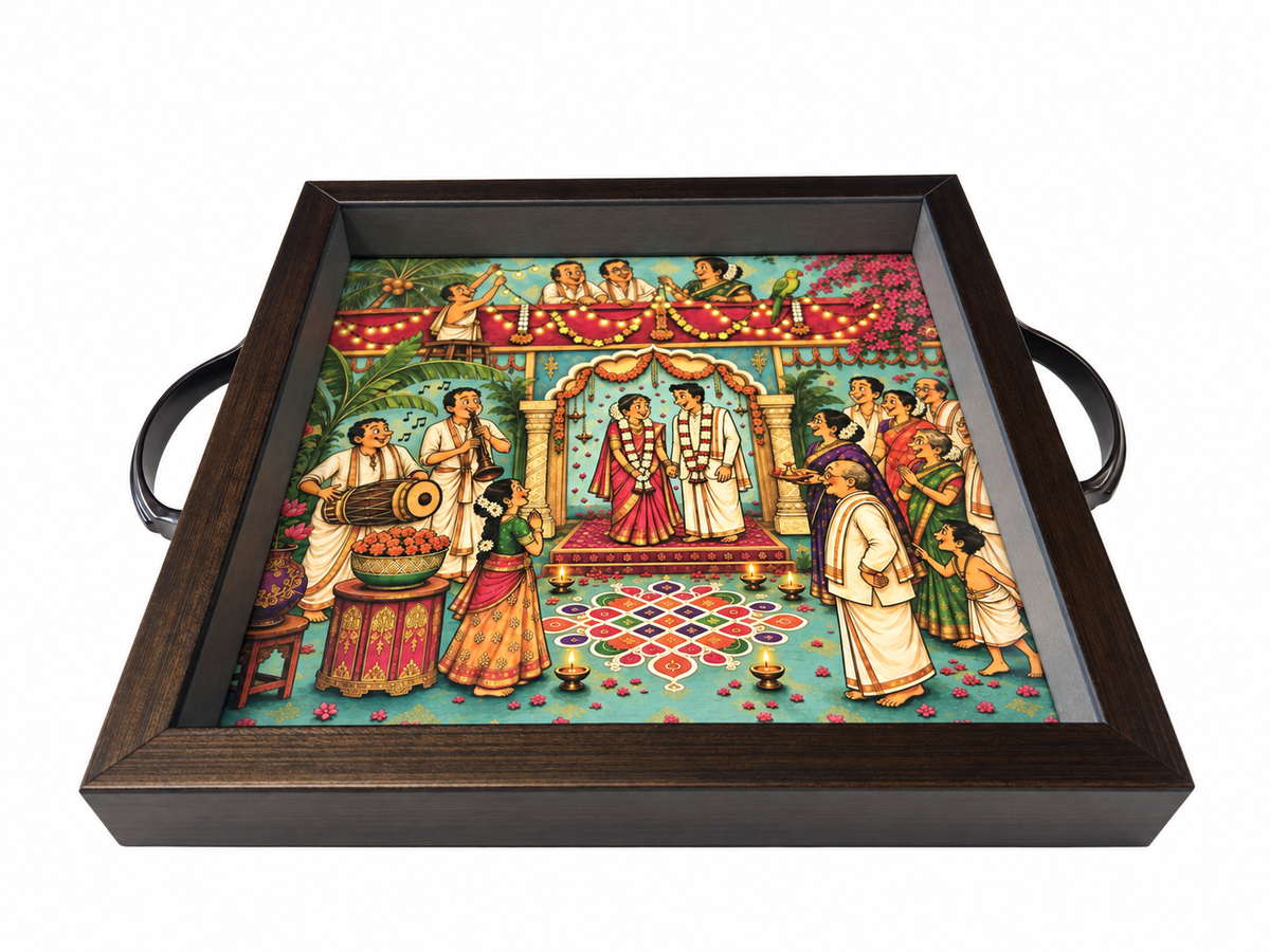 Tamil Wedding Mandapam heritage serving tray, angled view