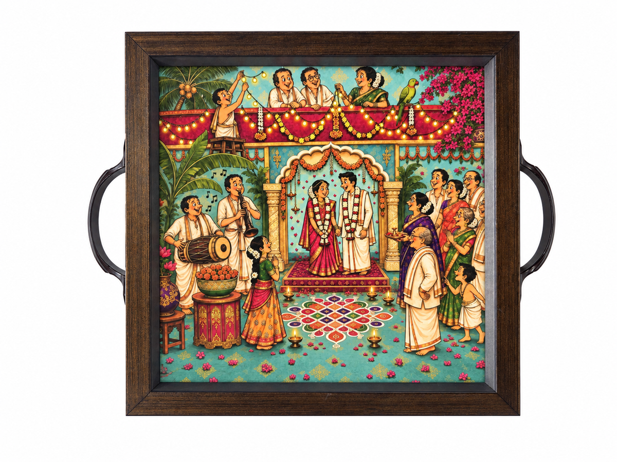 Tamil Wedding Mandapam heritage serving tray, front view, bride and groom under the mandapam